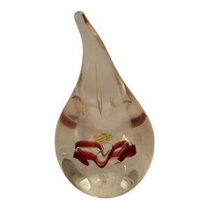 Adam Jablonski Teardrop Paperweight Clear w/ Maroon Swirl Made in Poland Signed